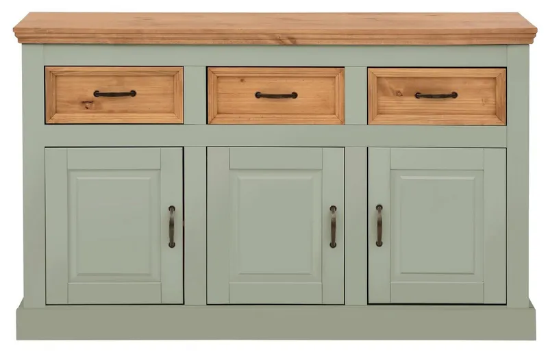 OTTO home Sideboard Selma Kommode mit 3 Türen, 3 Schubläden und 6 Fächer, Metallgriffe, aus massivem Kiefernholz, 3 Einlegeböden, mit dekorativer Fräsung, Grün, – Produktbild 4 von 5