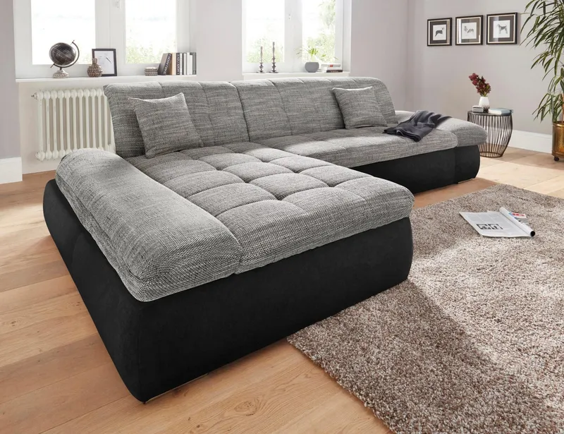 DOMO collection Ecksofa PB MORIC wahlweise mit Bettfunktion + Armteilverstellung, L-Form, im XXL-Format, B/T/H:300/172/80 cm, feine Steppung, Grau|schwarz, – Produktbild 5 von 8