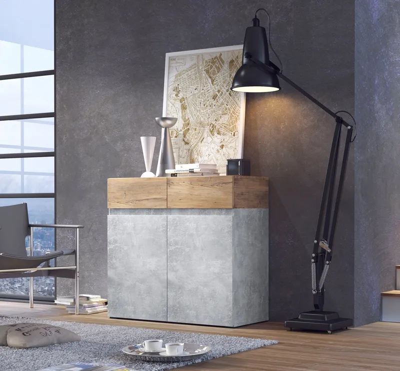 Home affaire Kommode Rimini, Kommodenschrank, Schubladenschrank, 2 Schubladen, 2 Türen, Breite 90 cm, Grau, – Produktbild 1 von 5