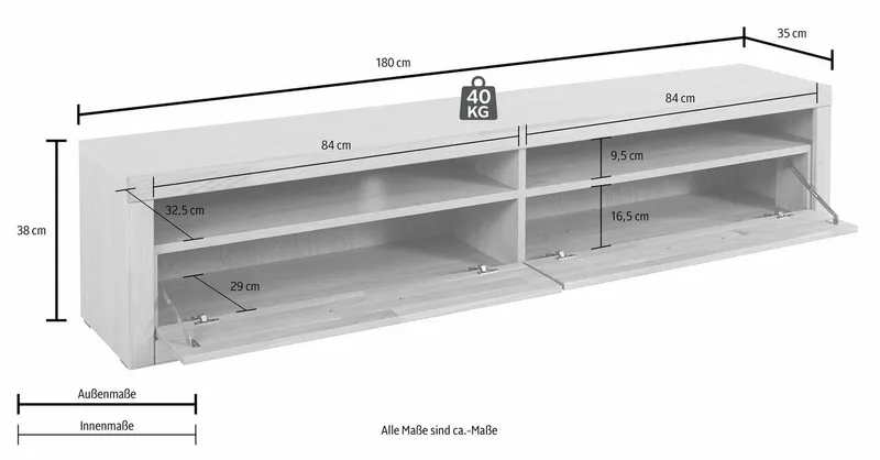 OTTO home Lowboard Ribe,180cm breit, Fronten Massivholz,4 Fächer,Kabeldurchführung, Holz massiv, Holzwerkstoff, Metall Griffe,2 Klappen, Braun, – Produktbild 3 von 4