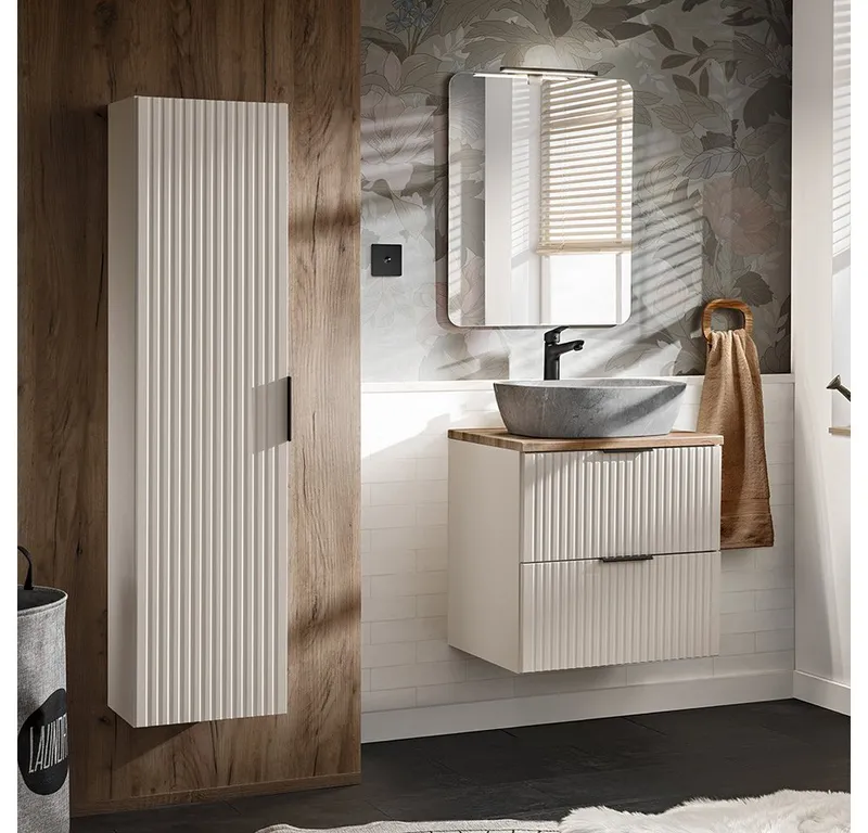 Lomadox Badmöbel-Set ADELAIDE-56-CASHMERE, (Spar-Set, 3-St., Hochschrank Doppelwaschtisch LED-Spiegel Keramikwaschbecken), 60cm Waschtisch mit Aufsatzwaschbecken, kaschmir und Eiche, Beige|weiß, – Produktbild 1 von 5