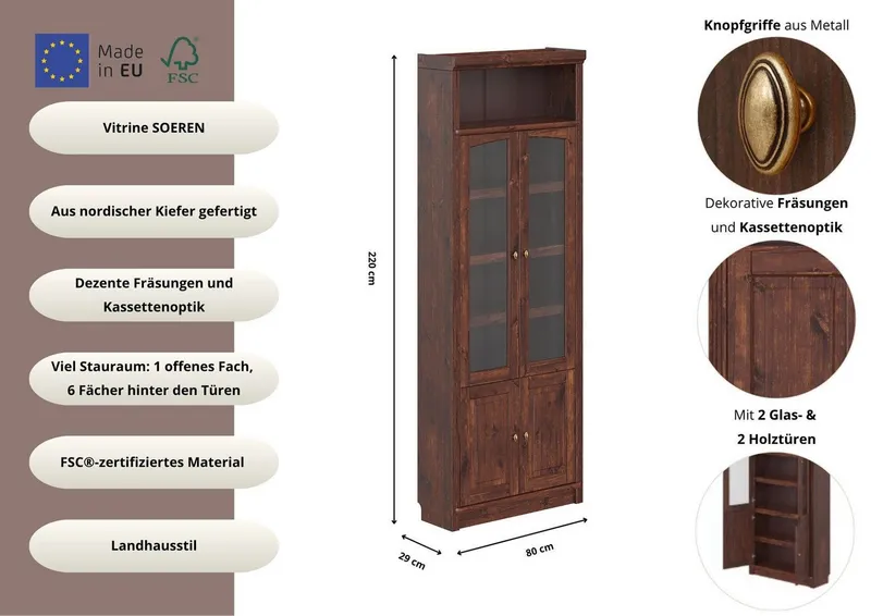 OTTO home Vitrine Soeren Regal mit 2 Glastüren und 2 Holztüren, B/TH: 80/29/220 cm Kiefer FSC®-zertifiziert, 1 offenes Fach, 6 Fächer hinter den Türen, Braun, – Produktbild 3 von 4