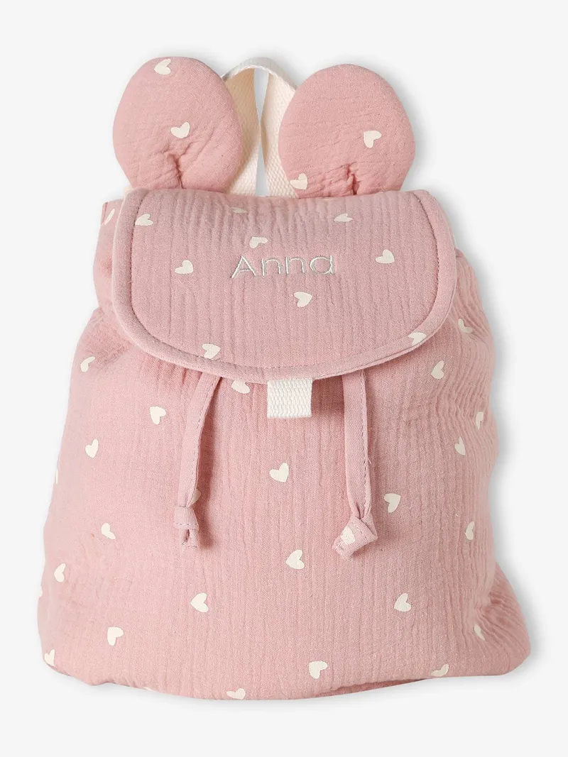 Vertbaudet Kinder Kita-Rucksack aus Musselin mit Ohren, Rosa herzen, – Produktbild 1 von 4