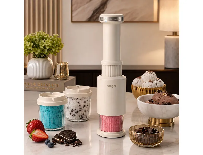 Seeger Eismaschine für Eis, Gelato, Sorbet, Slush und Frozen Drinks, 1,05 l, 5 Eisprogramme, manuelle Bedienung, kompaktes Design – Produktbild 4 von 5