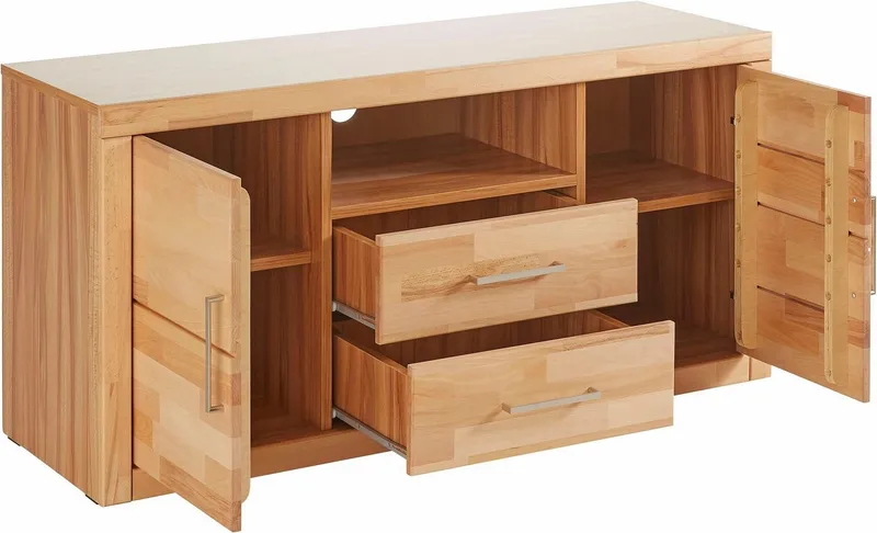 OTTO home Lowboard Logo,130cm breit, Fronten Massivholz,5 Fächer, Holz massiv, Holzwerkstoff, Metall Griffe,2 Türen,2 Schubladen, Braun, – Produktbild 8 von 9