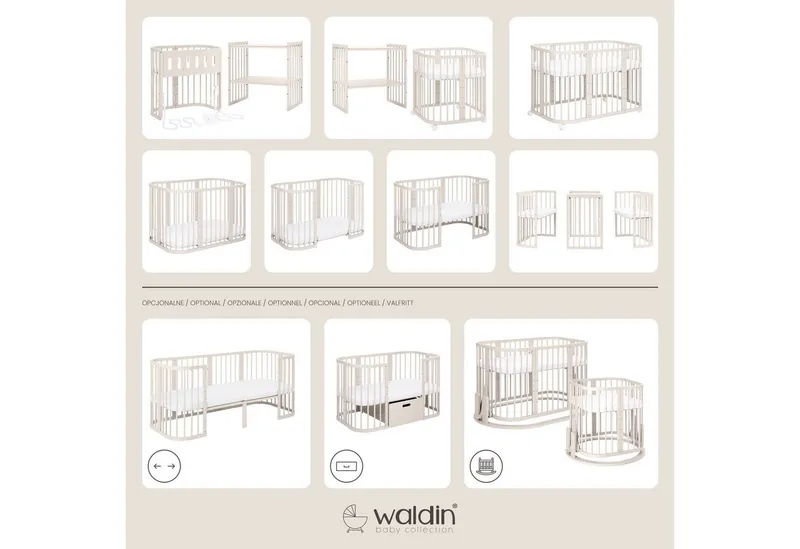 Waldin Waldin Babybett 7in1 mitwachsend, Beistellbett, Matratze, Rollen, Beige, – Produktbild 2 von 8