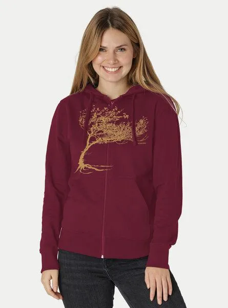 Peaces.bio - handbedruckte Biomode Peaces.bio - handbedruckte Biomode Bio Damen-Zip-Hoodie Windy Tree, Bordeaux, – Produktbild 3 von 3