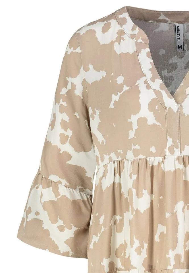 SUBLEVEL Shirtkleid Tropisches Muster, V-Ausschnitt, für Damen (knielang) LENZING™ ECOVERO™ nachhaltig Regulär geschnitten Fit gemustert, Braun, – Produktbild 3 von 3