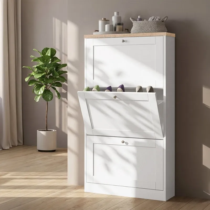 OTTO home Schuhschrank Heide Breite 70 cm, mit 3 Klappen und Facettenfront, Höhe ca. 130 cm, Weiß, – Produktbild 7 von 7