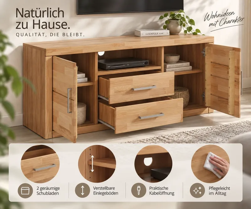 OTTO home Lowboard Logo,130cm breit, Fronten Massivholz,5 Fächer, Holz massiv, Holzwerkstoff, Metall Griffe,2 Türen,2 Schubladen, Braun, – Produktbild 6 von 9