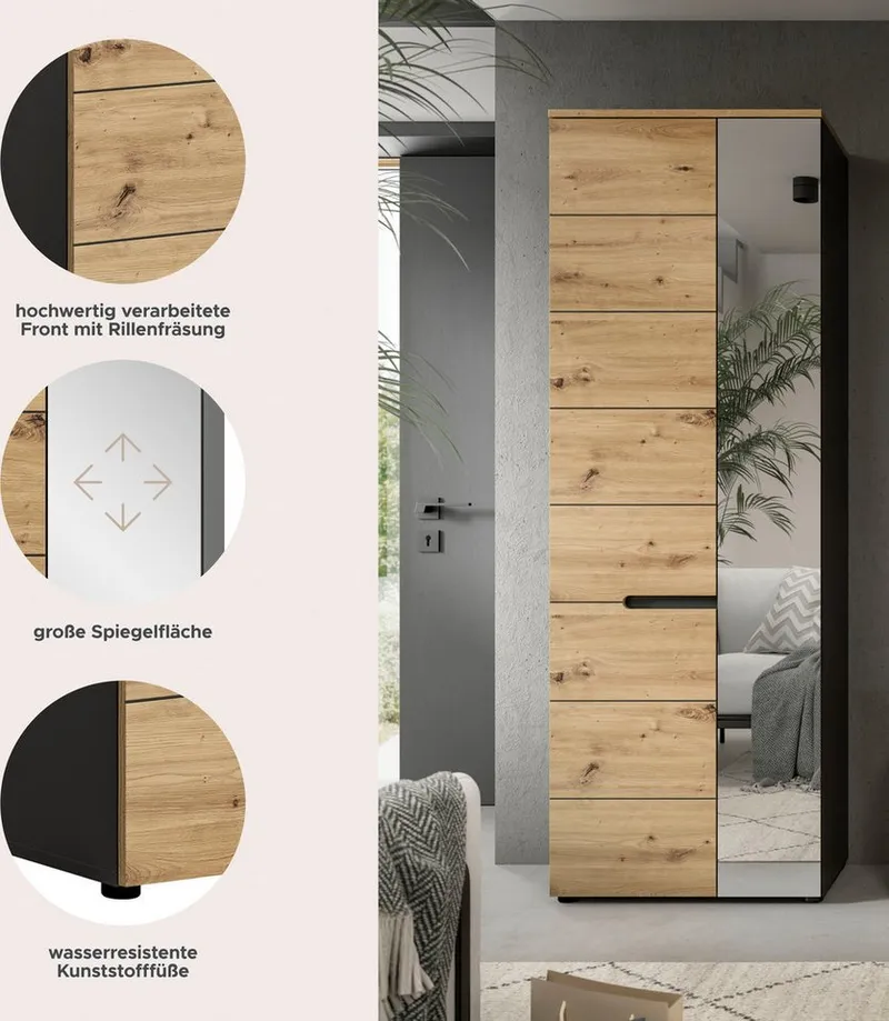 Home affaire Garderobenschrank REHAT, TOPSELLER!, Höhe 190cm, 2 Türen, 6 Fächer, 1 Kleiderstange (1-St., in verschiedenen Farben erhältlich) Garderobe, Flurschrank, Dielenschrank, Kleiderschrank, Garderobenmöbel, Grau, – Produktbild 4 von 5