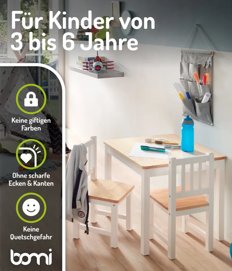 bomi bomi Kindersitzgruppe Holzsitzgruppe Amy, (Set, 5-tlg., oder 5 tlg. erhältlich), Kindertischgruppe, Tisch & Stühle Kinderzimmer, als Spiel- & Maltisch, Beige, – Produktbild 3 von 5