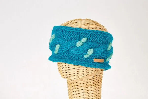 short'n'pietz short'n'pietz Schurwollstirnband zweifarbig mit Zopfmuster, handgestrickt, Türkis hellblau, – Produktbild 1 von 1