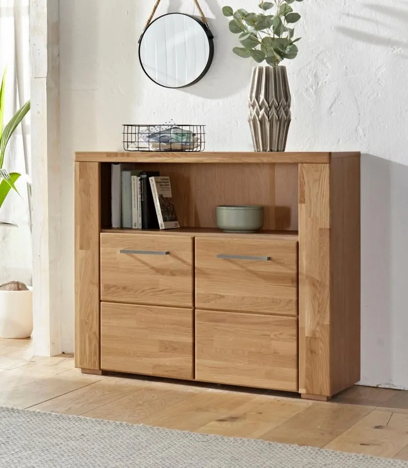 OTTO home Kommode Celle, 90cm breit, 35cm tief, Fronten Massivholz, Holz massiv, Holzwerkstoff, Metall Griffe,3 breite Fächer, Braun, – Produktbild 5 von 8