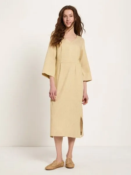LANIUS LANIUS Midikleid (OCS) aus Leinen und Bio-Baumwolle, Khaki creme, – Produktbild 1 von 4