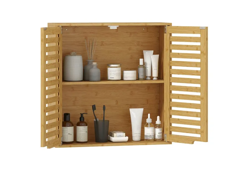 HOMCOM HOMCOM Hängeschrank Wandschrank aus Bambus, atmungsaktive Lamellentüren, Badschrank (Wandschrank aus Bambus, 1-St., Badezimmerschrank) über der Toilette, 60 x 20 x 60 cm, Beige, – Produktbild 2 von 5