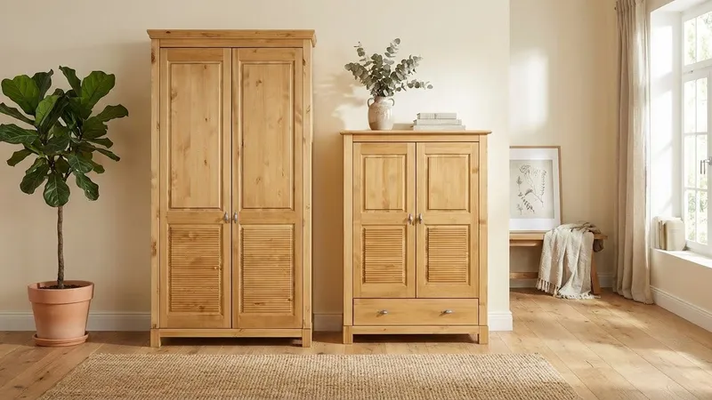 OTTO home Wäscheschrank Rauna (B/H/T ca. 96/155/38 cm) aus massiver Kiefer, FSC®, 2-türig, 96cm breit, Beige, – Produktbild 5 von 5