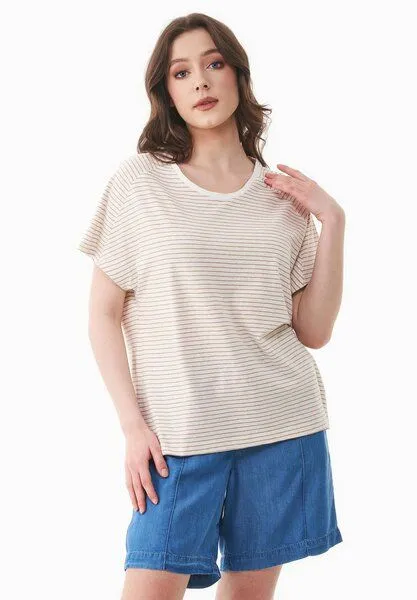 ORGANICATION ORGANICATION Gestreiftes T-Shirt aus Bio-Baumwolle und Leinen, Off white/tan, – Produktbild 1 von 4