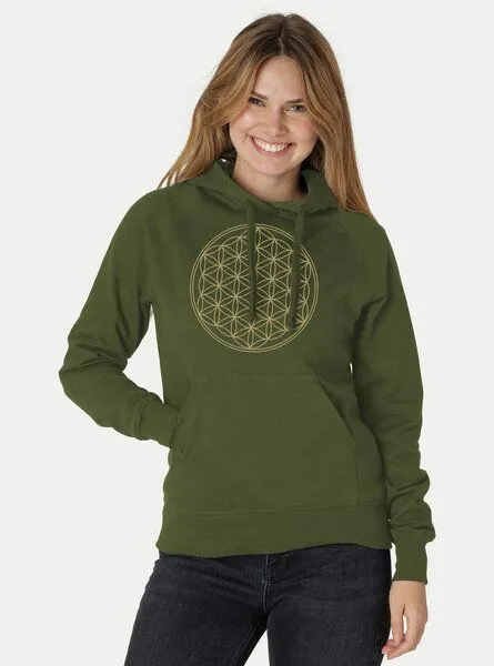 Peaces.bio - handbedruckte Biomode Peaces.bio - handbedruckte Biomode Bio-Damen-Kapuzensweater Die Blume des Lebens, Waldgrün, – Produktbild 2 von 2