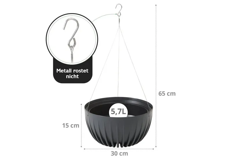 KONZEPT KONZEPT Blumenampel hängend Blumentopf 30cm Durchmesser, Hängetopf für Pflanzen, aus Kunststoff, Grau, – Produktbild 4 von 5