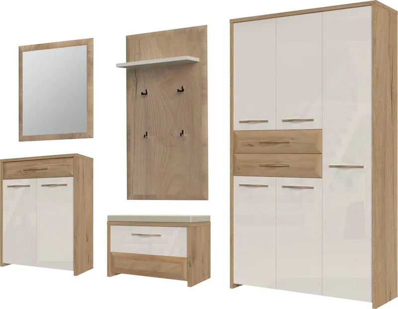 OTTO home Garderoben-Set Gala, (Set, 5-St., Garderobenschrank,Schuhschrank,Schuhbank,Garderobenpaneel,Wandspiegel), Soft-Close Funktion, Hochglanz UV lackiert, Beige|weiß, – Produktbild 8 von 8