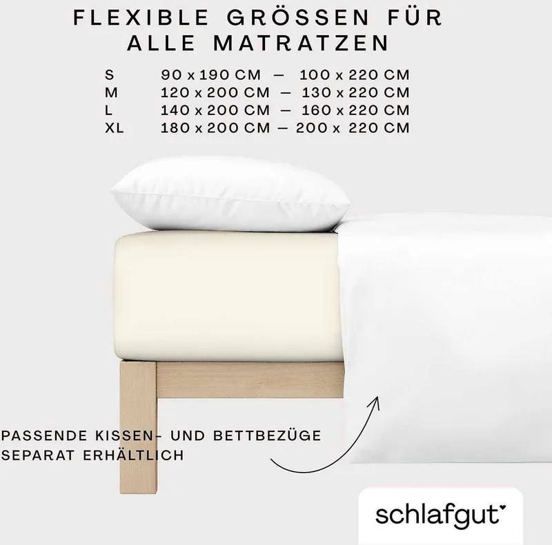 Schlafgut Schlafgut Spannbettlaken PREMIUM Mako-Zwirn-Jersey, 220 g/m², 95% Bio-Baumwolle, 5% Elasthan, Mako-Zwirn-Jersey, Gummizug: rundum, (1 Stück), Bettlaken bis 30 cm Höhe, PREMIUM-Qualität langlebig, perfekter Sitz, Gelb, – Produktbild 1 von 5