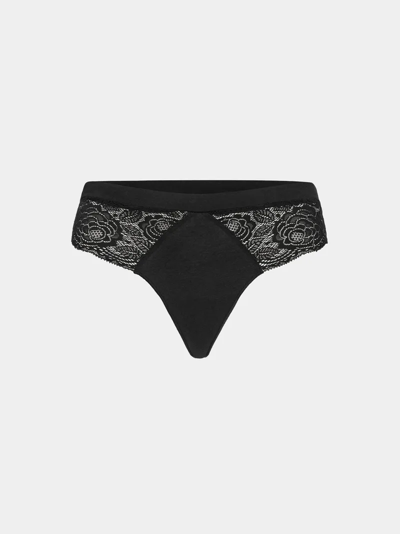 erlich textil erlich textil Gertrud String mit Spitze aus Bio-Baumwolle, Schwarz, – Produktbild 2 von 5