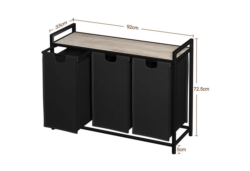 AMHANCIBLE Wäschekorb mit 3 Fächern & oberem Regal, Ausziehbar 3 x 38 Liter (1 St), Maße 92×30×72 cm, Grau, – Produktbild 2 von 4