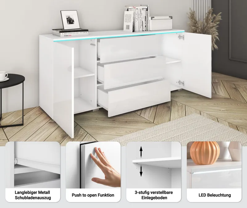 Home affaire Sideboard VERA, grifflos, verstellbare Einlegeböden, Wahlweise mit oder ohne Beleuchtung, Grau, – Produktbild 1 von 8