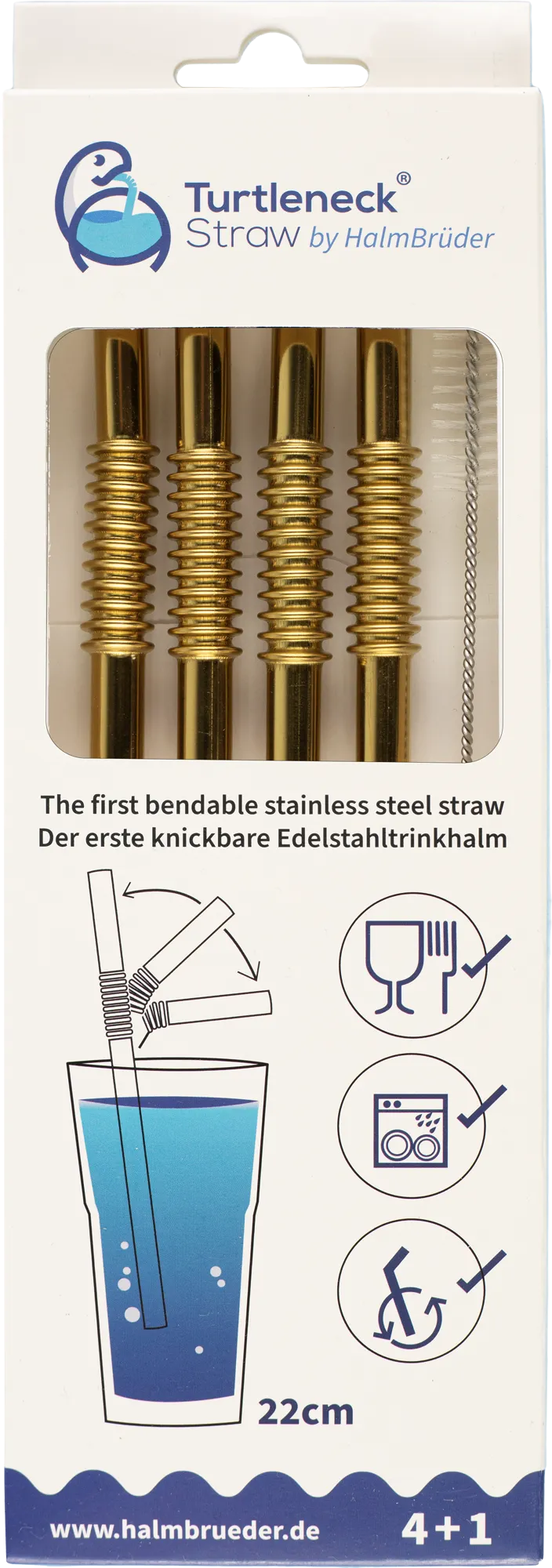 nuts innovations Turtleneck Straw Biegsamer Trinkhalm aus Edelstahl 4 Stück / 22 cm inklusive Reinigungsbürste Gold - Sonstiges Küchenzubehör von Nuts Innovations, Gold, – Produktbild 1 von 2