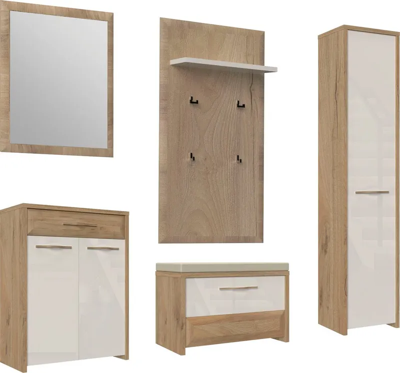 OTTO home Garderoben-Set Gala, (Set, 5-St., Garderobenschrank,Schuhschrank,Schuhbank,Garderobenpaneel,Wandspiegel), Soft-Close Funktion, Hochglanz UV lackiert, Beige|weiß, – Produktbild 3 von 8