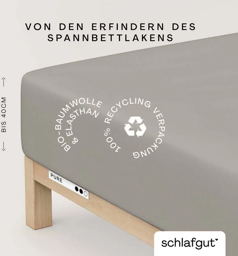 Schlafgut Schlafgut Spannbettlaken PURE BOXSPRING Bio-Baumwolle mit Elasthan, 170 g/m², Bettlaken, Jersey-Elasthan, Gummizug: rundum, (1 Stück), PREMIUM Boxspringbett Laken bis 40 cm Höhe, dehnbar blickdicht, straff, Braun, – Produktbild 2 von 5