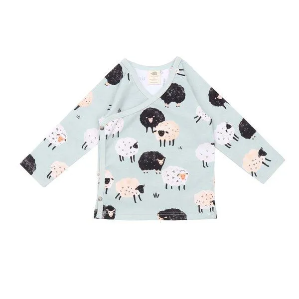 Walkiddy Kinder Langarmshirt GOTS-zertifiziert aus Bio-Baumwolle mintgrün mit Schaf-Motiv „Fluffy Sheeps“ – Walkiddy – Produktbild 1 von 2