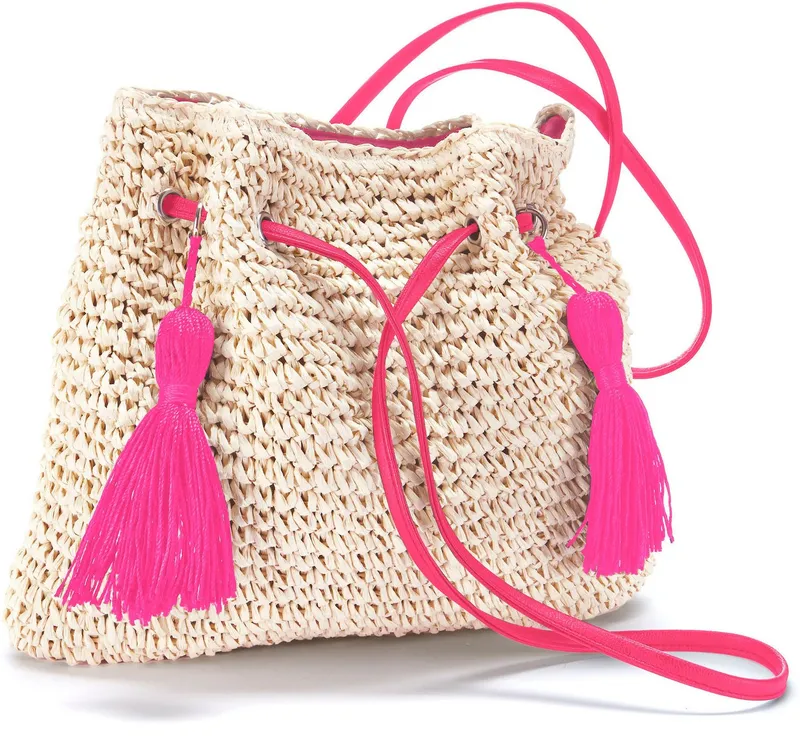 Lascana Lascana Umhängetasche Strandtasche, Schultertasche, Sommertasche, Damentasche, Handtasche Damen zum Umhängen, mit modischen Bommeln VEGAN, Beige, – Produktbild 1 von 4