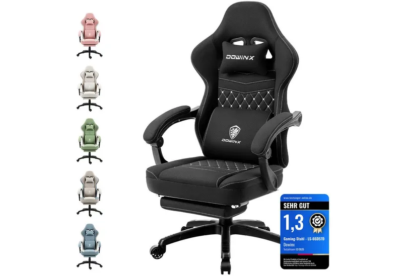 Dowinx Gaming-Stuhl Stoff mit Taschenfederkissen, Gaming Sessel mit Fußstütze, Ergonomischer Bürostuhl, Schwarz, – Produktbild 1 von 5
