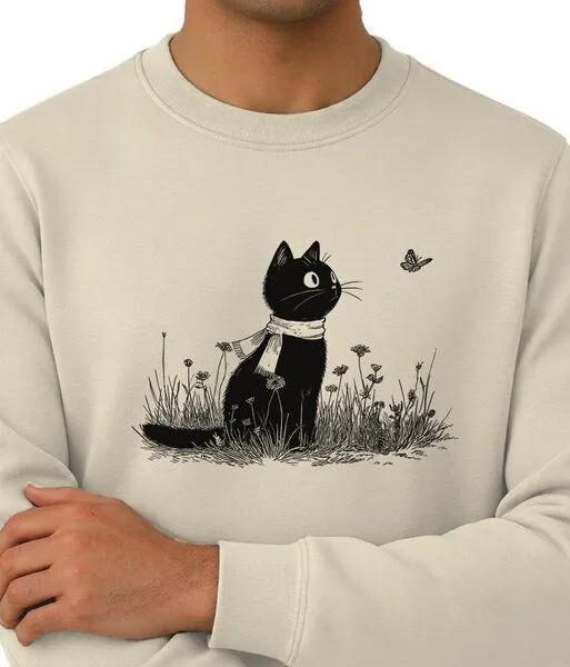 Spreecult Spreecult Katze und Schmetterling- Unisex Sweatshirt - Bio und Fair - Tiere, Beige (weiß), – Produktbild 2 von 4