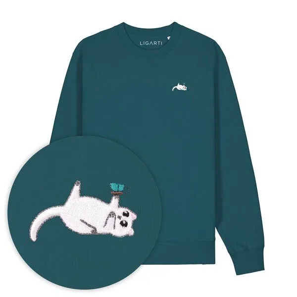 LIGARTI Bestickter Pullover – Samantha die Katze – LIGARTI Tiermanufaktur, Petrol, – Produktbild 1 von 3