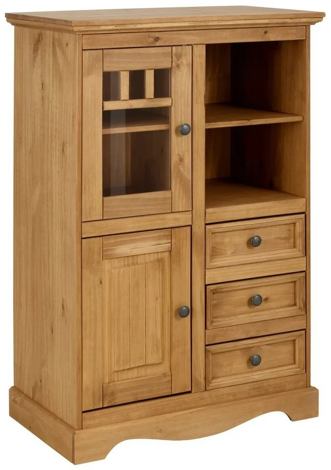 OTTO home Highboard Melissa Vitrine mit 2 Türen und 3 Schubladen, Metallknopfgriffe, mit 2 Türen, eine davon mit Glaseinsatz, natürliche Maserung, Beige, – Produktbild 2 von 4