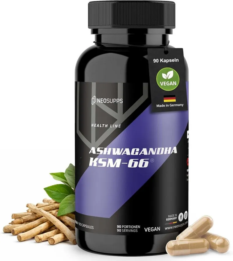 Neosupps Ashwagandha KSM-66, 100% Wurzelextrakt mit 5% Withanoliden, 90 Kapseln, Unterstützt Blutzuckerspiegel, Energie & mentale Klarheit – Produktbild 2 von 5