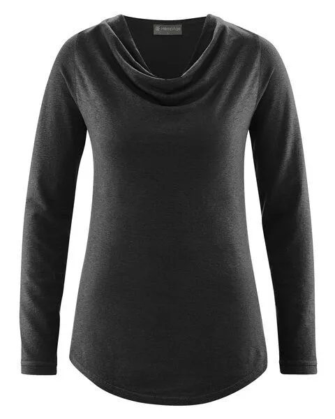HempAge HempAge Langarmshirt mit Wasserfallkragen Hanf/Lyocell, Black (schwarz), – Produktbild 2 von 4