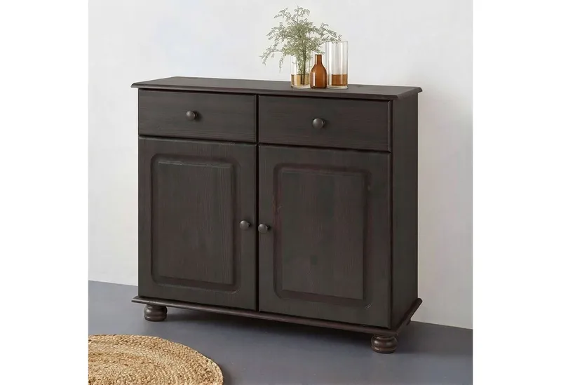 OTTO home Sideboard Mette Kommode mit 2 Türen & 1 Schubladen, die optisch geteilt ist, Kommode mit gefrästen, kugelförmigen Füßen, 2 Türen und 1 Schublade, Braun, – Produktbild 2 von 5