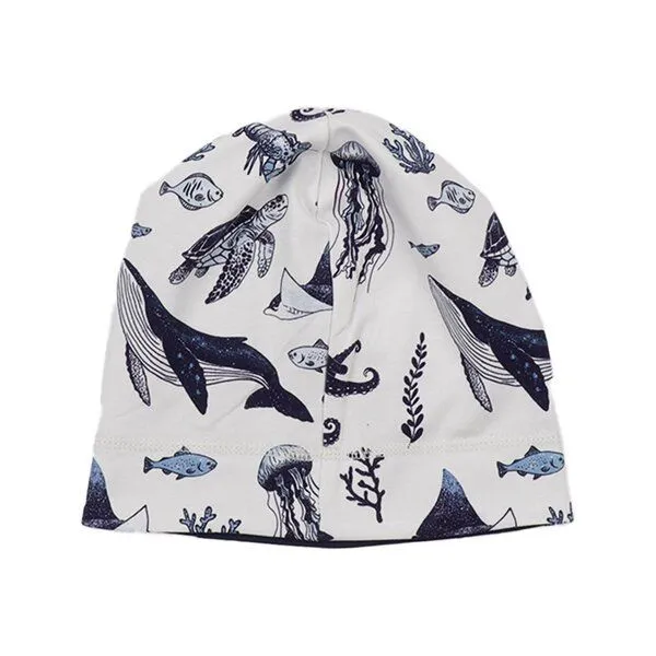 Walkiddy Beanie Weiß Wal & Meerestiere Allover Bio-Baumwolle GOTS weich – Walkiddy – Produktbild 2 von 3