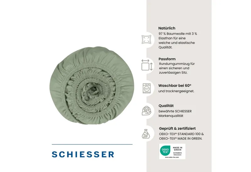Schiesser Schiesser Spannbettlaken Elli aus weicher Baumwolle mit Elasthananteil für flexiblen Sitz, Jersey-Elasthan, Gummizug: rundum, (1 Stück), für hohe Matratzen und Boxspringbetten, OEKO-TEX® MADE IN GREEN, Grün, – Produktbild 3 von 5