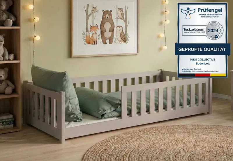 Kids Collective Kinderbett Bodenbett Bett mit Rausfallschutz & Lattenrost Montessori Bett Kinder (Jungen, Mädchen, Kinder, weitere Größen 80x180, 90x190, 90x200, 120x200, 140x200 cm), Jugendbett Gitterbett Einzelbett mit Matratze, Kaschmir 80x160 cm, Grau, – Produktbild 1 von 5