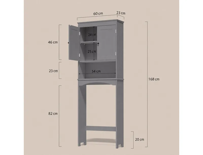 Blishom Badregal WC-Regal über Toilette, Badezimmerschrank mit Verstellbarem Regalboden, Badregal Platzsparend mit Offenem Fach, 167 x 60 x 23 cm, Grau, – Produktbild 2 von 5