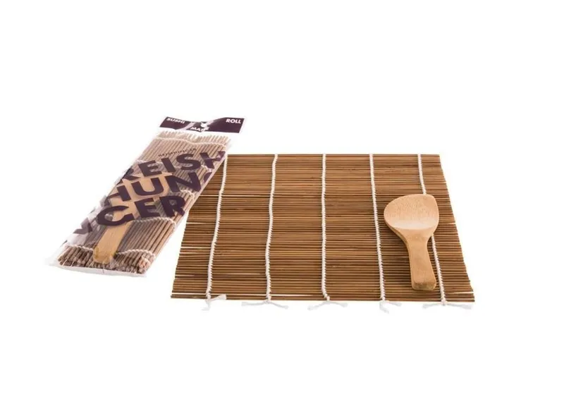 Reishunger Reishunger Sushi-Roller - Sushi Rollmatte aus Bambus mit Löffel (24x24cm), (Set mit Sushi Rollmatte und Löffel 4-tlg), Beige, – Produktbild 1 von 2