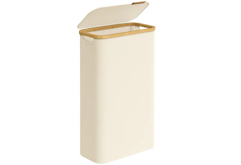 SONGMICS SONGMICS Wäschekorb mit Deckel, herausnehmbarer Einsatz, Bambus‑Rahmen, Oxford‑Gewebe, 65 L, 42 x 22,5 x 70,5 cm, mit Deckel, platzsparend, Griffe aus Bambus, Weiß, – Produktbild 1 von 5