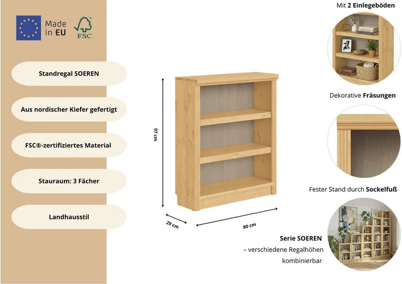 OTTO home Standregal Soeren Regal Bücherregal B/T/H: 80/29/97 cm, massive Kiefer, FSC®-zertifiziert, Beige, – Produktbild 1 von 5