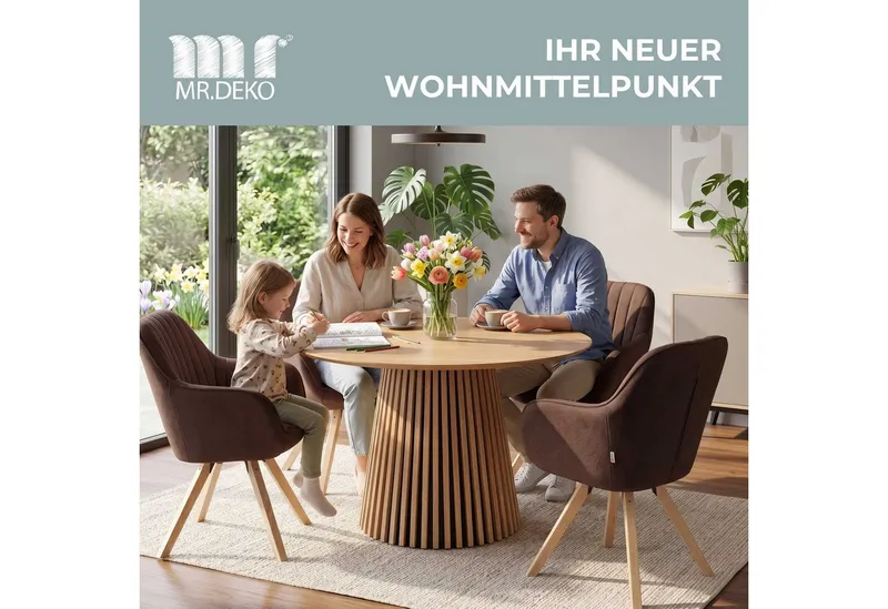 MR.DEKO Esstisch Holz rund Ø 120 cm Natur Oak Esszimmertisch Eiche FSC®100%, Runde Tischplatte aus MDF mit Eichenfurnier, Gestell Lamellenoptik, Braun, – Produktbild 2 von 5