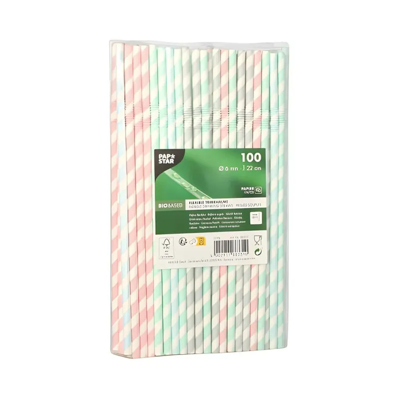 PAPSTAR PAPSTAR Trinkhalme 100 x Trinkhalme Papier Ø 6 mm 22 cm farbig sortiert Stripes flexibel, Bunt, – Produktbild 1 von 3